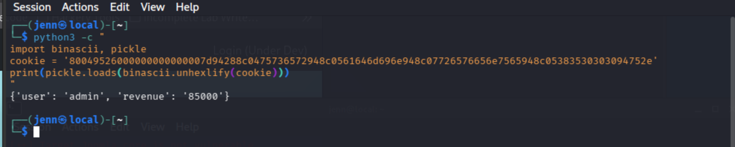 decoded pickle cookie showing user admin revenue 85000